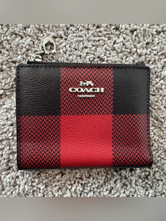 Coach Accessories - COACH Red and Black Plaid Bifold snap Leather Zip wallet
